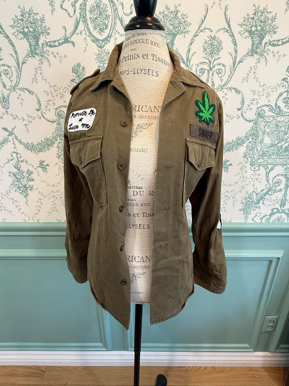 Style Saint Upcycled Custom Military Jacket Punk Cannabis Skeleton Patch - Sz S⁠